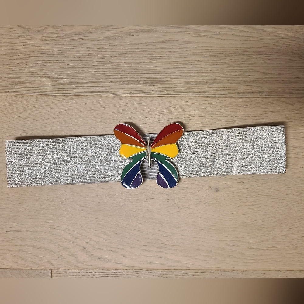 Silver elastic belt with rainbow butterfly